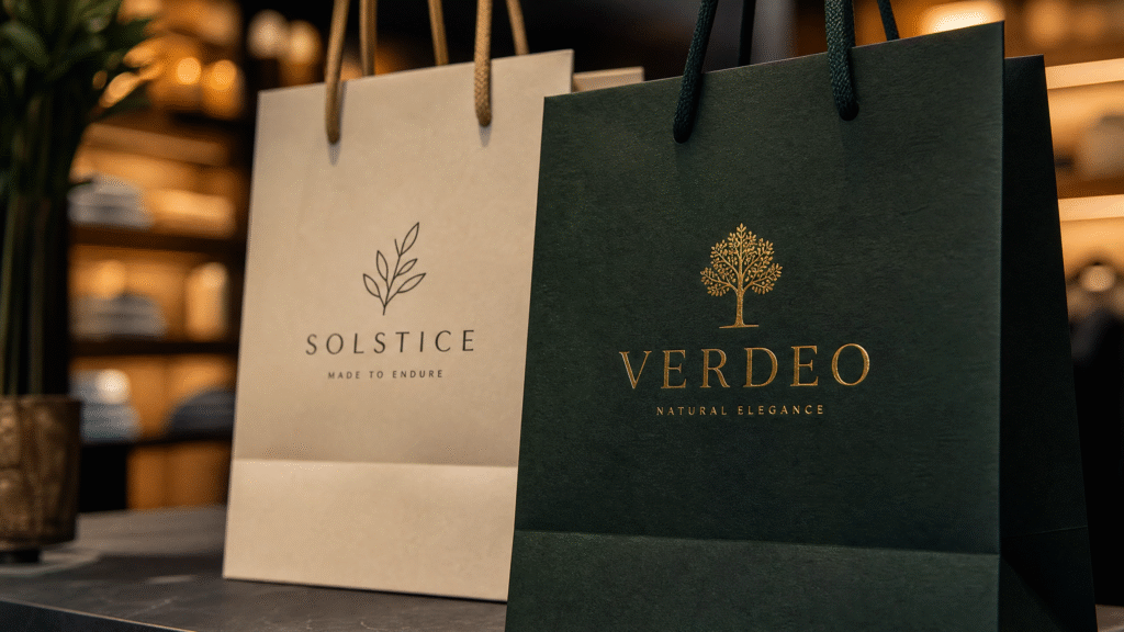 Paper Bags: Types, Materials, Uses, Sizes & Eco-Friendliness (2026 Guide) 2 Premium custom printed paper bags with high-quality brand logos, showcasing various printing techniques like flexography and foil stamping for retail branding.