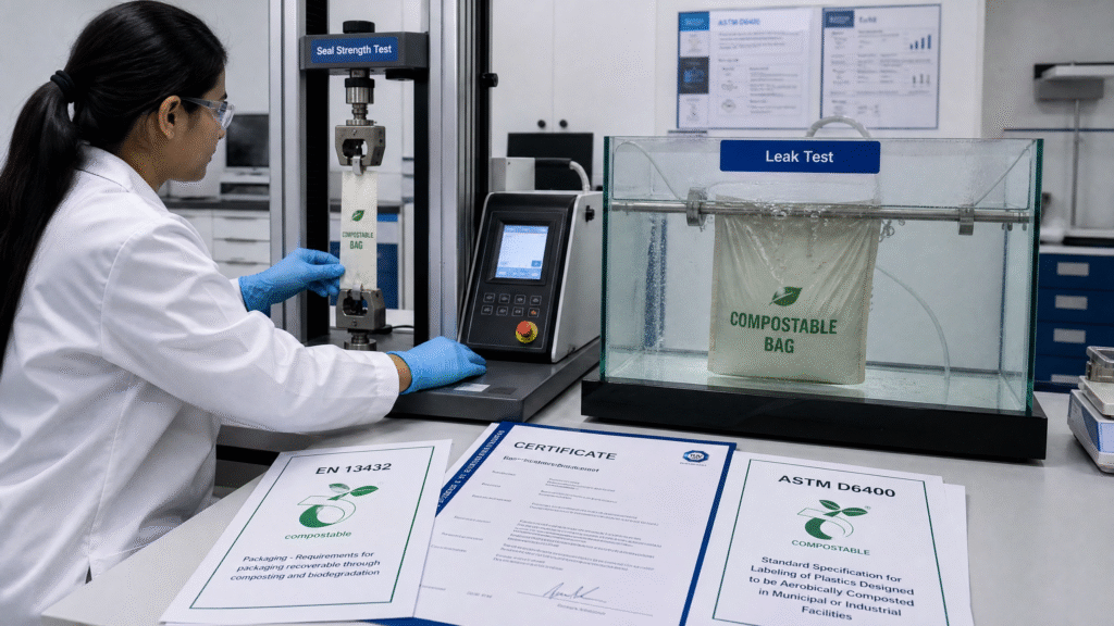 A realistic photograph of how compostable bags are made and tested, showing a technician performing seal strength and leak tests in a lab, with EN 13432 and ASTM D6400 certification documents in the foreground to ensure quality compliance.