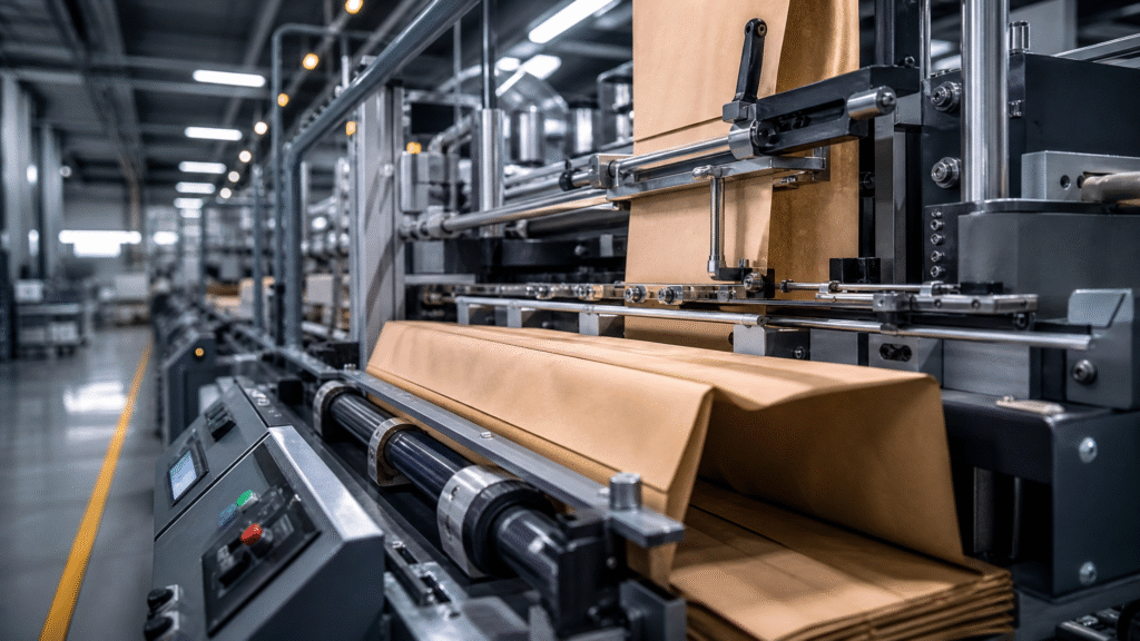 Paper Bags: Types, Materials, Uses, Sizes & Eco-Friendliness (2026 Guide) 1 Modern automated paper bag manufacturing line showing the tube formation and handle attachment process in a high-tech packaging factory.