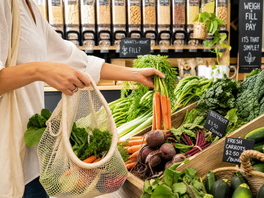 How to Reduce Plastic Use: 35 Simple Ways to Reduce Plastic Waste (2026 Guide) 2 A person shopping for fresh vegetables using a reusable mesh produce bag in a grocery store with bulk food bins in the background.