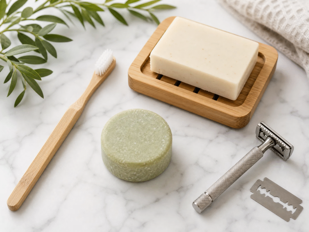 How to Reduce Plastic Use: 35 Simple Ways to Reduce Plastic Waste (2026 Guide) 3 Eco-friendly bathroom products including a bamboo toothbrush, a bar of soap on a wooden dish, a solid shampoo bar, and a metal safety razor.