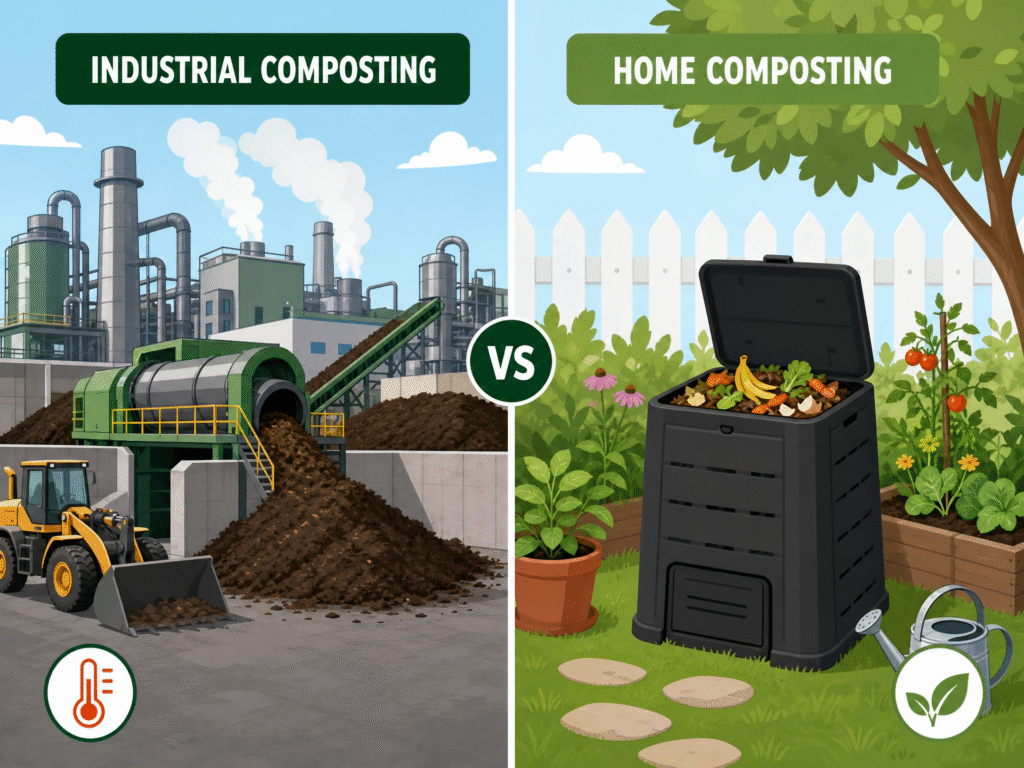 Compostable Explained: Meaning, Certifications, Materials & Everything You Need to Know (2026 Guide) 3 A side-by-side comparison between large-scale industrial composting facilities and small backyard home composting bins.