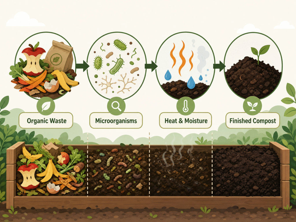 Compostable Explained: Meaning, Certifications, Materials & Everything You Need to Know (2026 Guide) 1 Infographic showing the 4-step composting process: organic waste, microorganisms, heat and moisture, and finished compost.