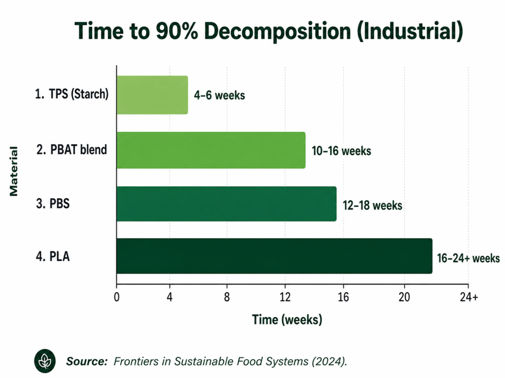 Can Compostable Bags Be Composted? Everything You Need to Know (2026) 2 A horizontal bar chart comparing the time to 90% decomposition for different materials: TPS (4-6 weeks), PBAT blend (10-16 weeks), PBS (12-18 weeks), and PLA (16-24+ weeks).