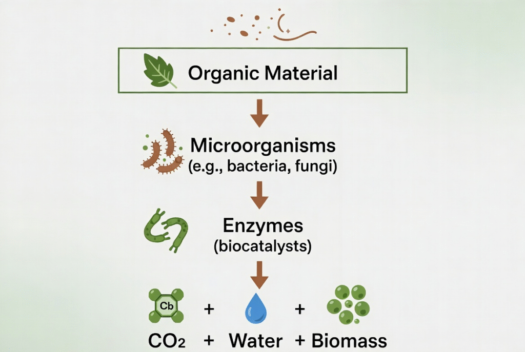 Biodegradable Explained: Meaning, How It Works, Benefits & Compostable Comparison (2026 Guide) 1 How biodegradation works - step by step process with microorganisms