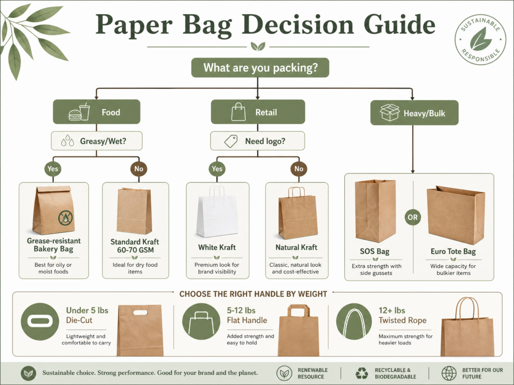 Paper Bags: Types, Materials, Uses, Sizes & Eco-Friendliness (2026 Guide) 3 Professional paper bag decision guide flowchart showing selection criteria for food, retail, and heavy items, including handle types by load weight.