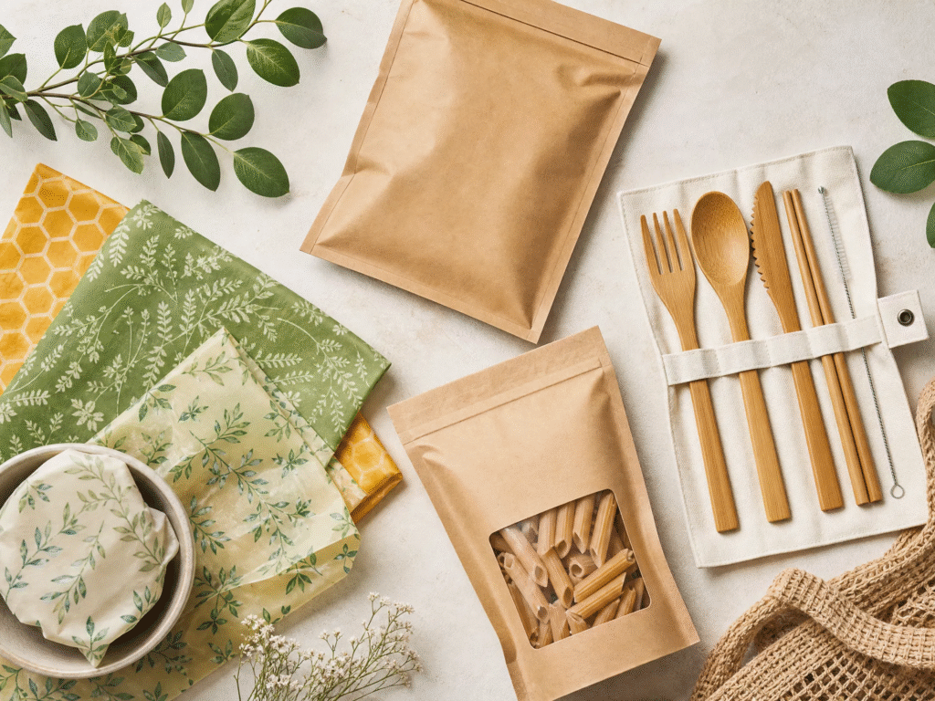 How to Reduce Plastic Use: 35 Simple Ways to Reduce Plastic Waste (2026 Guide) 5 Flat-lay photograph showcasing various plastic alternatives including beeswax food wraps, paper-based packaging for pasta, a compostable mailer, and a bamboo cutlery set.