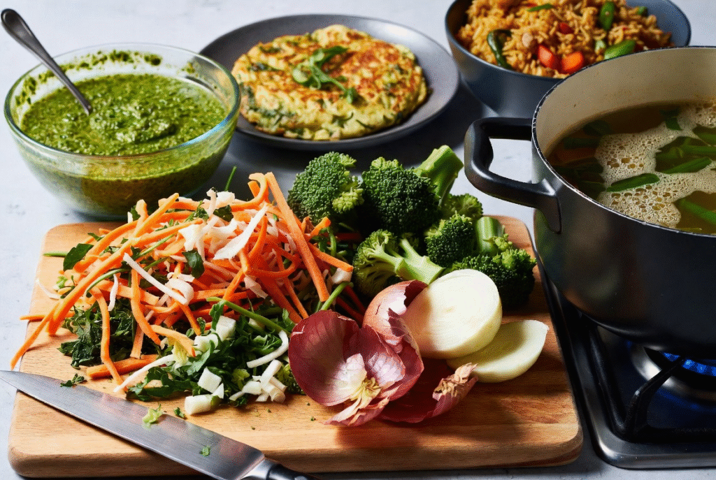 How to Reduce Food Waste: Practical Tips That Actually Work (2026) 3 Creative zero-waste cooking: vegetable scraps like carrot tops, broccoli stalks, and onion skins transformed into fresh pesto, frittata, fried rice, and homemade stock.