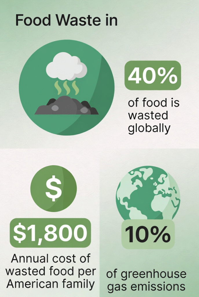How to Reduce Food Waste: Practical Tips That Actually Work (2026) 1 Food waste statistics infographic: 40% of global food wasted, $1,800 annual cost per American family, and 10% of greenhouse gas emissions, highlighting the environmental and financial impact.