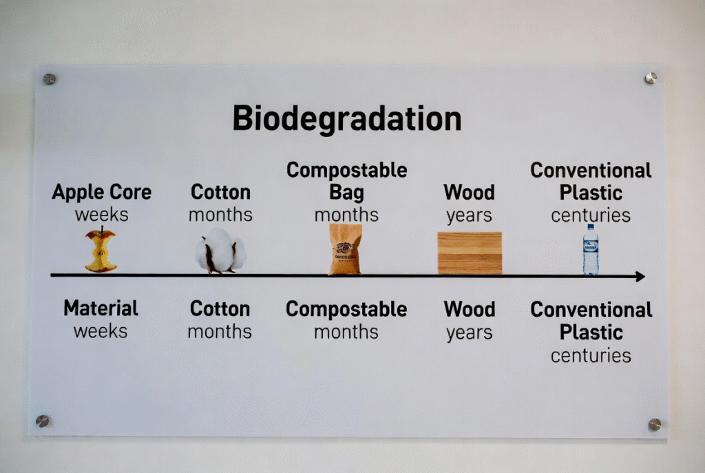 Biodegradable Explained: Meaning, How It Works, Benefits & Compostable Comparison (2026 Guide) 3 Biodegradation timeline - how long different materials take to break down