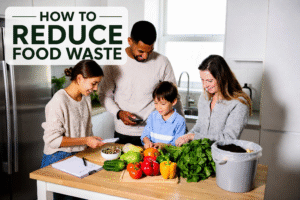 Modern family of four happily planning weekly meals together in a bright kitchen with fresh produce, shopping list, and compost bin, illustrating how to reduce food waste at home