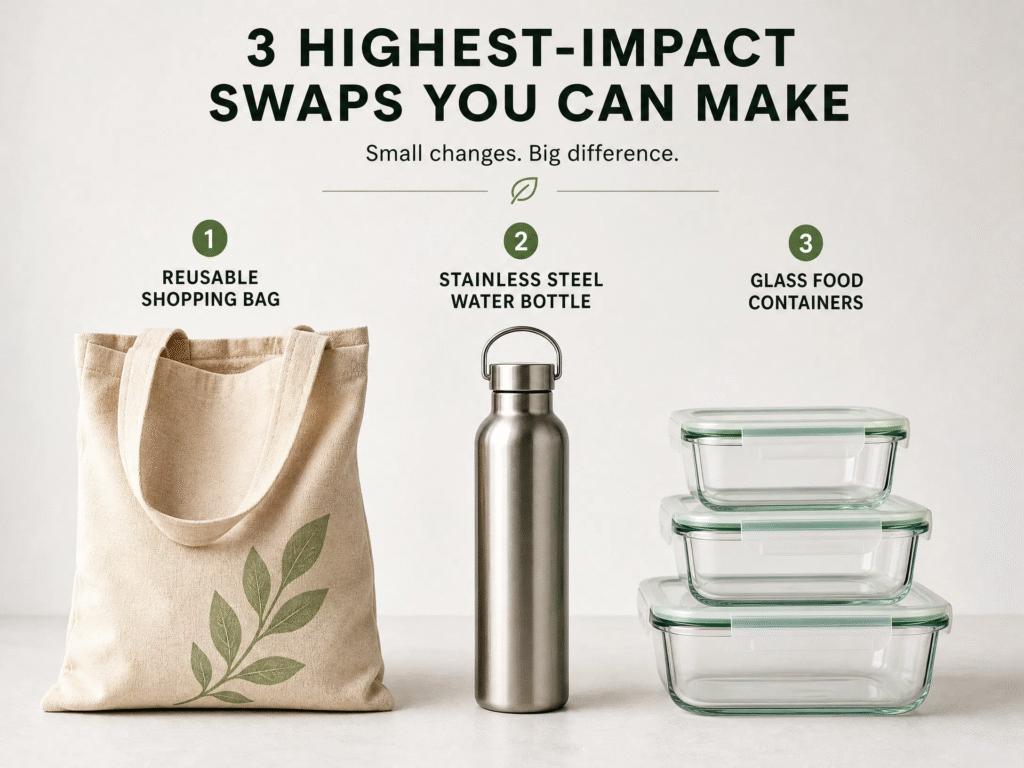 How to Reduce Plastic Use: 35 Simple Ways to Reduce Plastic Waste (2026 Guide) 1 Infographic-style image showing three high-impact plastic swaps: a reusable canvas bag, a stainless steel water bottle, and a stack of glass food storage containers.
