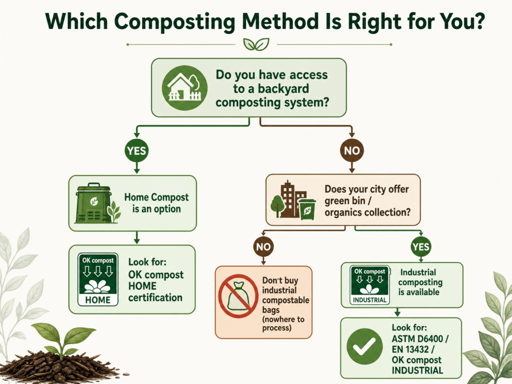 Can Compostable Bags Be Composted? Everything You Need to Know (2026) 3 A professional decision flowchart titled "Which Composting Method Is Right for You?" guiding users through choices based on backyard access and city green bin services.