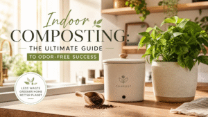 Aesthetic featured image for "Indoor Composting: The Ultimate Guide to Odor-Free Success" showing a modern kitchen with a minimalist compost bin, a thriving houseplant, and a scoop of rich finished compost.