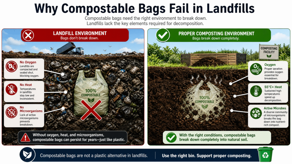 Can Compostable Bags Be Composted? Everything You Need to Know (2026) 7 An educational visual comparing a landfill environment (no oxygen, no heat) where a compostable bag fails to break down, versus a proper composting environment where it successfully decomposes.