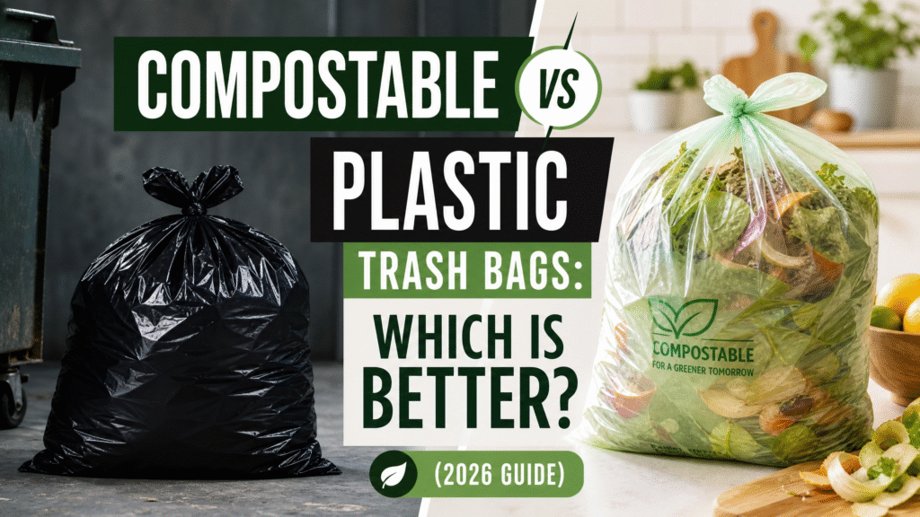 A split-screen featured image for the article "Compostable Trash Bags vs Plastic Trash Bags: Which Is Better?" showing a conventional black plastic bag on one side and a green compostable bag filled with kitchen scraps on the other.