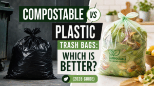 A split-screen featured image for the article "Compostable Trash Bags vs Plastic Trash Bags: Which Is Better?" showing a conventional black plastic bag on one side and a green compostable bag filled with kitchen scraps on the other.