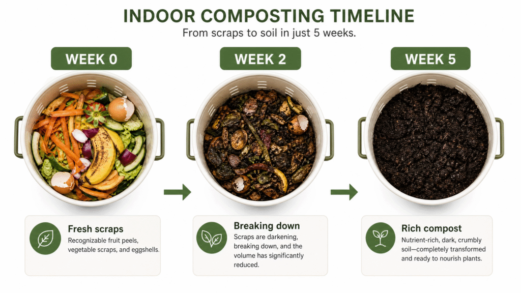 Indoor Composting: How to Compost at Home Without Smell (2026 Guide) 4 A 3-step visual timeline of indoor composting showing fresh scraps at Week 0, partially decomposed scraps at Week 2, and rich, dark finished compost at Week 5.