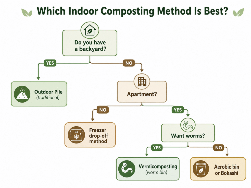 Indoor Composting: How to Compost at Home Without Smell (2026 Guide) 1 A decision tree diagram titled "Which Indoor Composting Method Is Best?" guiding users through choices based on having a backyard, living in an apartment, and preference for worm composting.