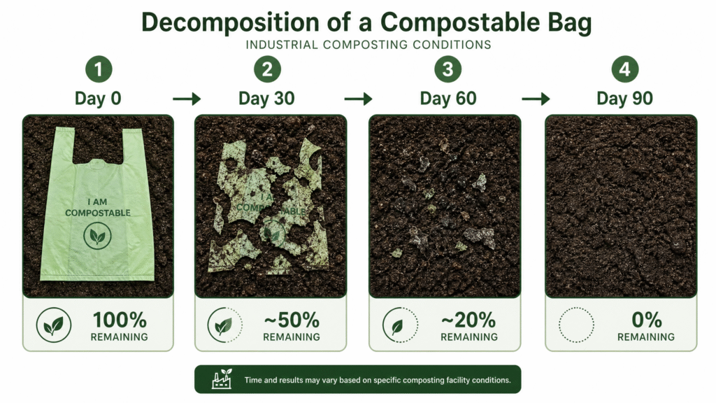 Can Compostable Bags Be Composted? Everything You Need to Know (2026) 1 A 4-step visual timeline of a compostable bag decomposing in industrial conditions from Day 0 (intact) to Day 90 (completely turned into soil).