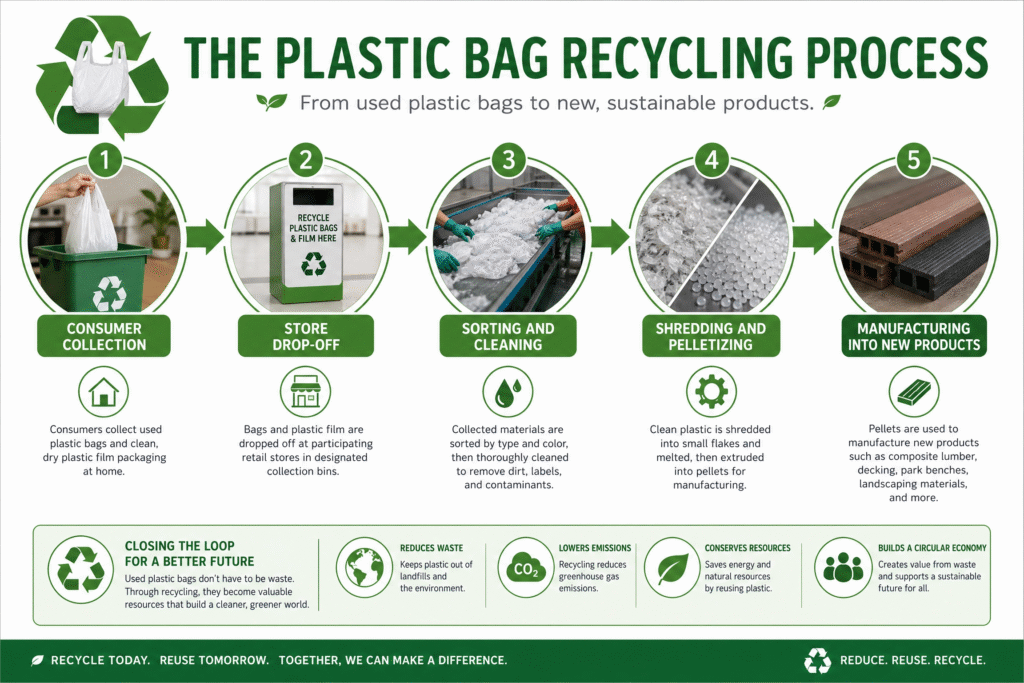 Recyclable Plastic Bags: Which Plastic Bags Can Really Be Recycled? (2026 Guide) 3 Step-by-step plastic bag recycling process flowchart from consumer drop-off to new products