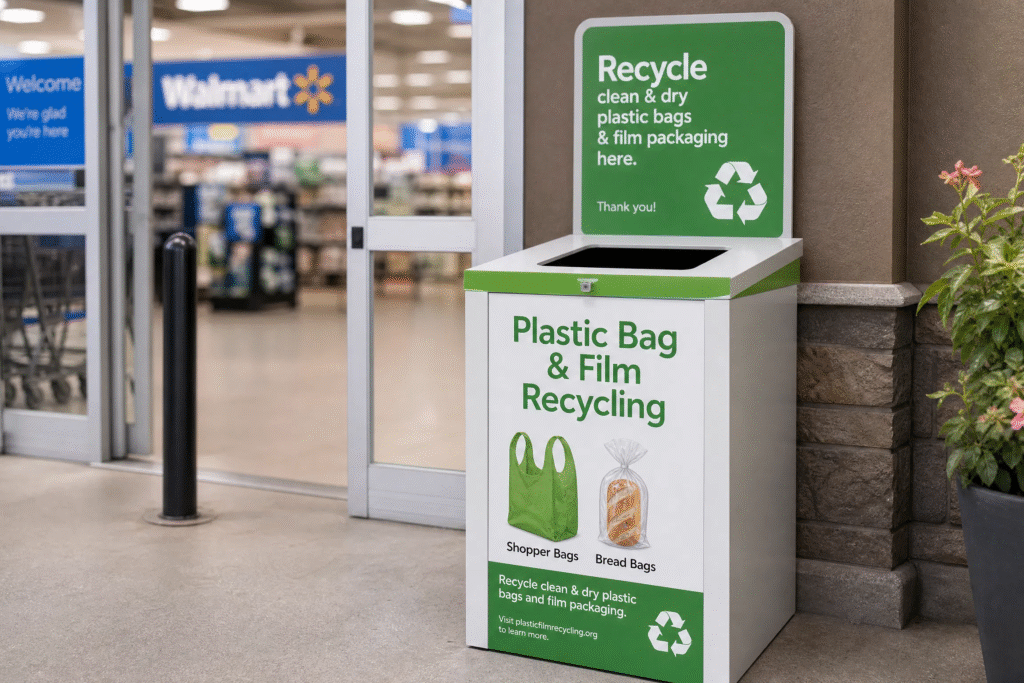 Recyclable Plastic Bags: Which Plastic Bags Can Really Be Recycled? (2026 Guide) 2 Plastic bag and film recycling store drop-off bin at a retail store entrance like Walmart