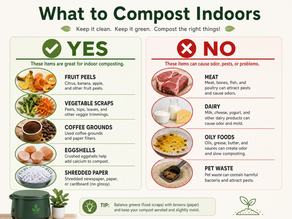 Indoor Composting: How to Compost at Home Without Smell (2026 Guide) 2 A "What to Compost Indoors" infographic showing a green "YES" column with fruit/veg scraps, coffee grounds, eggshells, and shredded paper, and a red "NO" column with meat, dairy, oily foods, and pet waste.