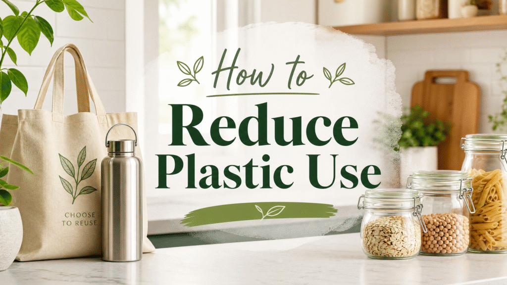 Featured image for an article titled "How to Reduce Plastic Use" showing a reusable canvas shopping bag, a stainless steel water bottle, and glass food storage jars on a bright, modern kitchen counter.