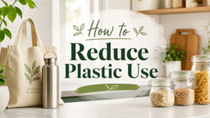Featured image for an article titled "How to Reduce Plastic Use" showing a reusable canvas shopping bag, a stainless steel water bottle, and glass food storage jars on a bright, modern kitchen counter.