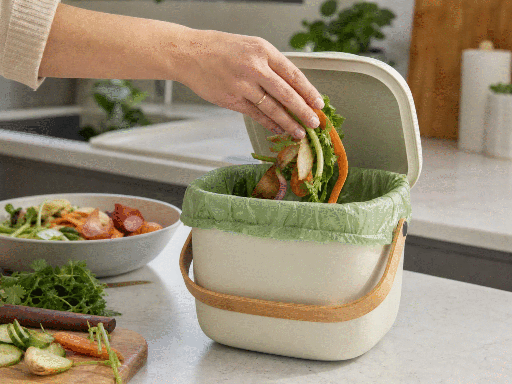 How to Reduce Plastic Use: 35 Simple Ways to Reduce Plastic Waste (2026 Guide) 4 A hand placing vegetable scraps into a small indoor composting bin lined with a green certified compostable trash bag.