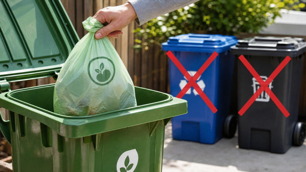 Compostable Explained: Meaning, Certifications, Materials & Everything You Need to Know (2026 Guide) 4 A person correctly placing a certified compostable bag into a green municipal compost bin while avoiding recycling and landfill bins.