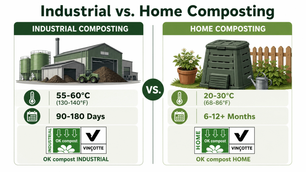 Can Compostable Bags Be Composted? Everything You Need to Know (2026) 4 A side-by-side visual comparison of industrial and home composting, highlighting differences in temperature (55-60°C vs 20-30°C), timeframe (90-180 days vs 6-12+ months), and the corresponding certification logos (OK compost INDUSTRIAL vs HOME).