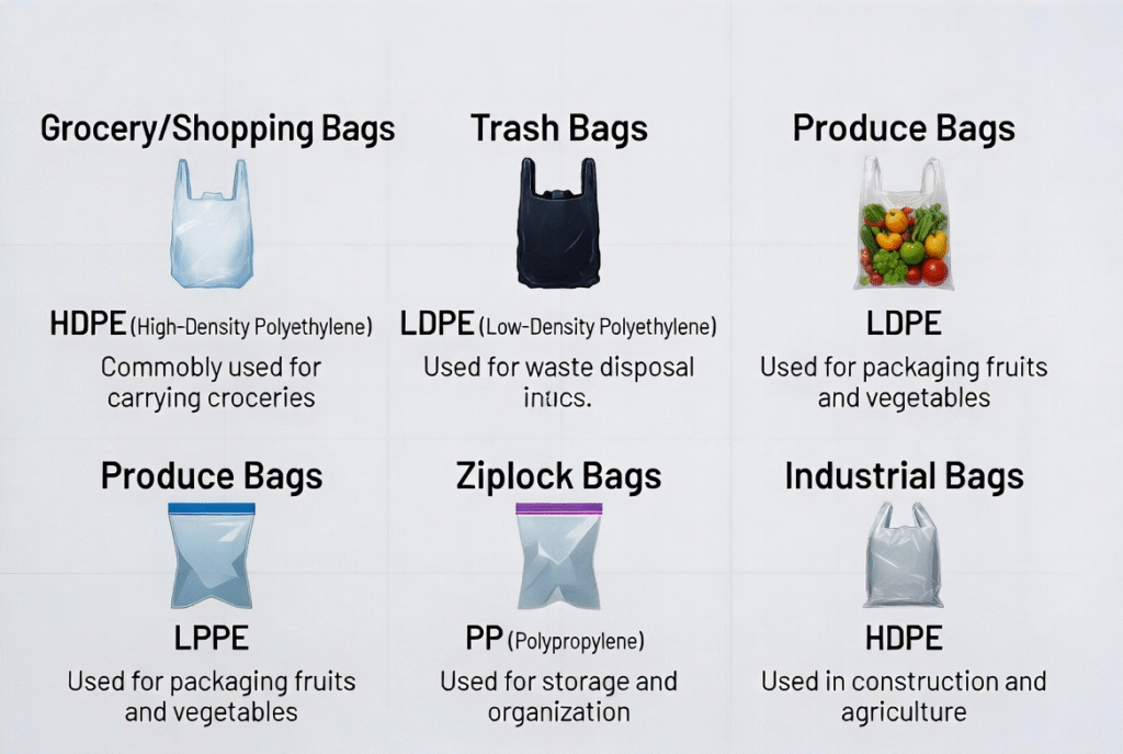 Plastic Bags: Types, Materials, Uses, Recycling & Environmental Impact (2026 Guide) 1 Types of plastic bags - grocery, trash, produce, ziplock and industrial comparison