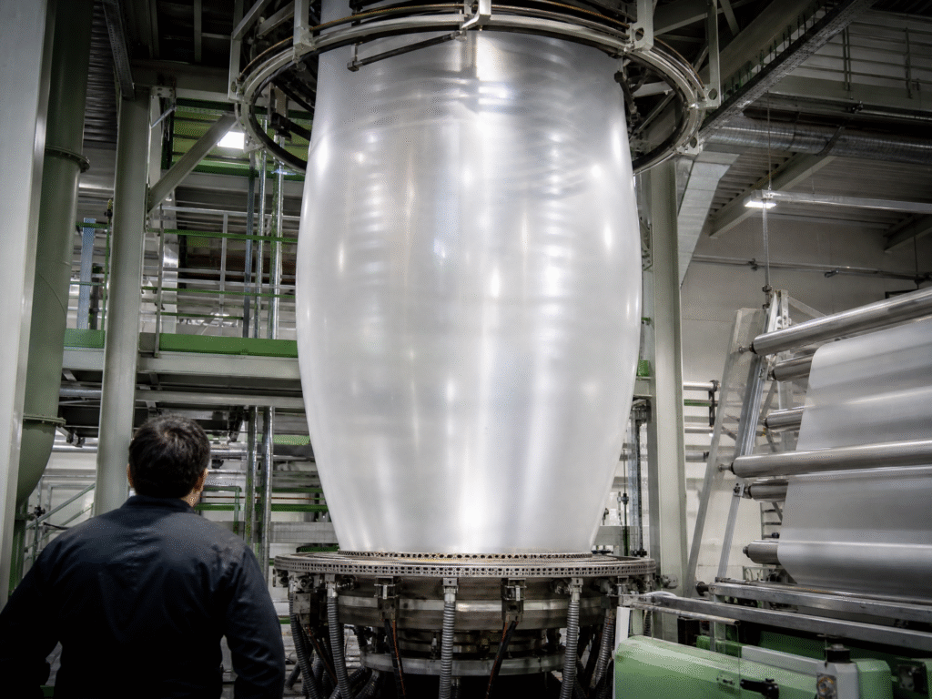 Blown-film extrusion machine producing translucent compostable packaging film