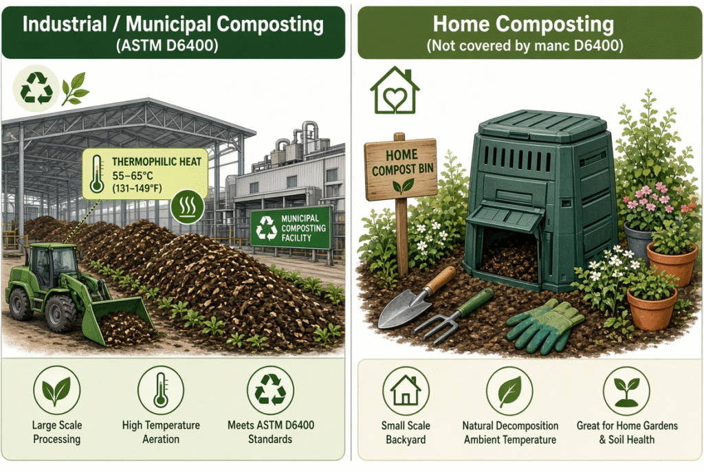 ASTM D6400: Compostable Plastics Standard Explained (2026 Guide) 4 Industrial municipal aerobic composting facility versus home composting bin comparison for ASTM D6400 standard