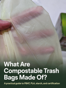 What Are Compostable Trash Bags Made Of? A real compostable trash bag held by hand, showing its translucent material and contents
