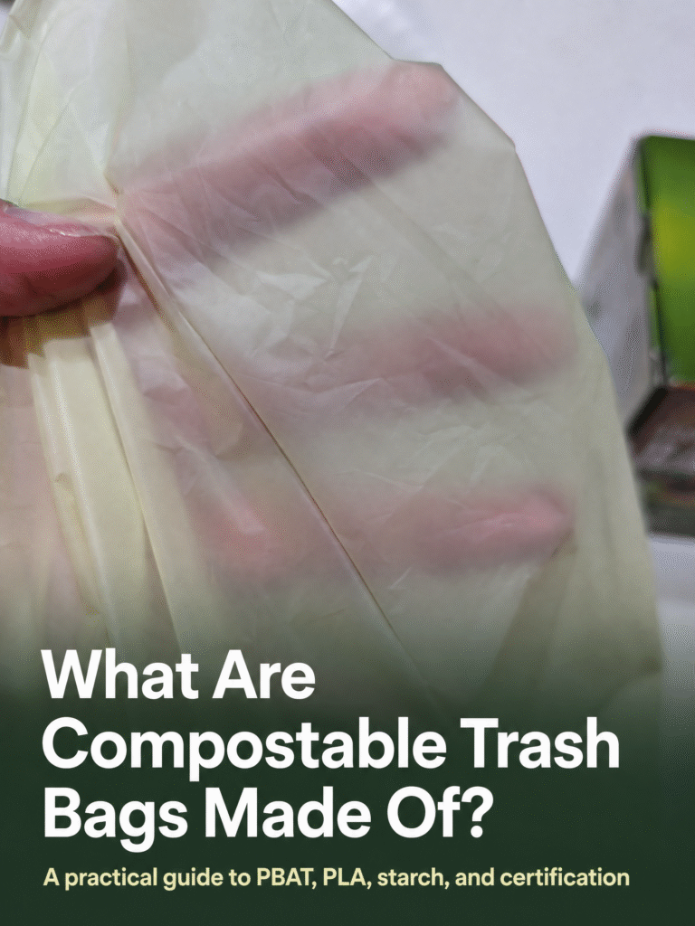 What Are Compostable Trash Bags Made Of? A real compostable trash bag held by hand, showing its translucent material and contents