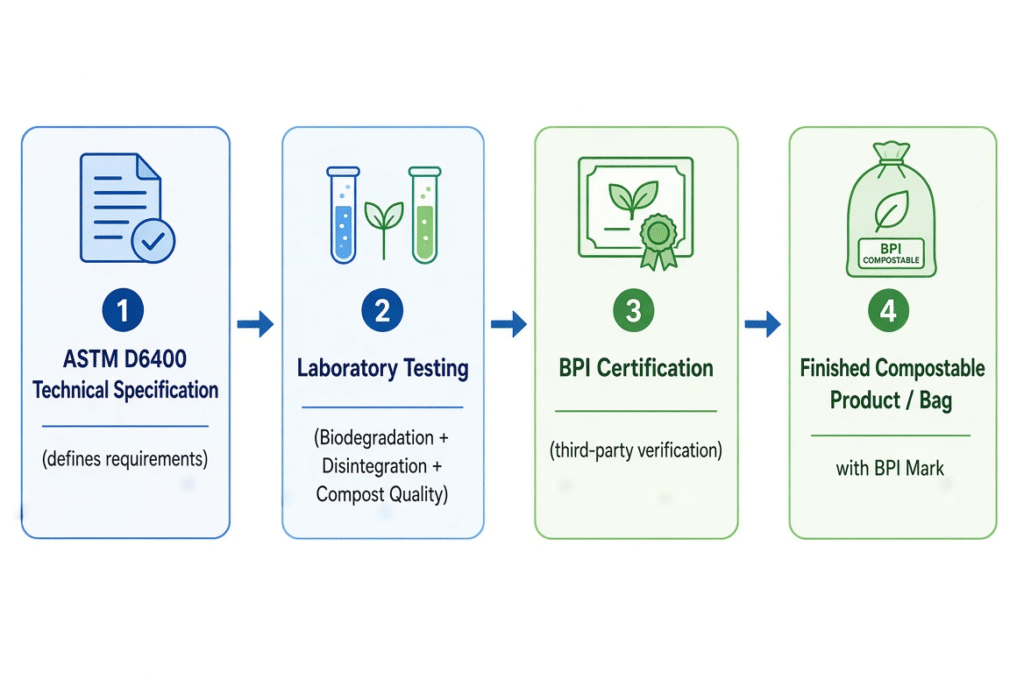 ASTM D6400: Compostable Plastics Standard Explained (2026 Guide) 3 Flowchart showing relationship between ASTM D6400 technical specification and BPI certification for compostable products
