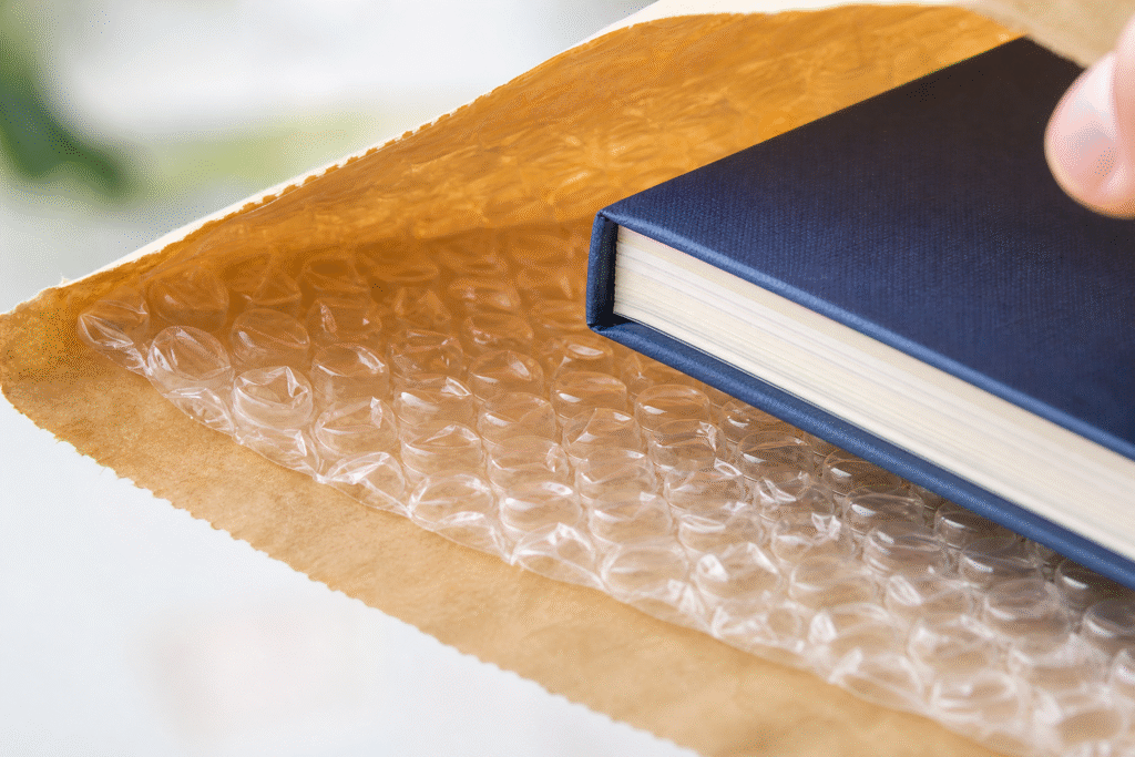 Macro close-up of bubble mailer interior cushioning for fragile item protection during shipping