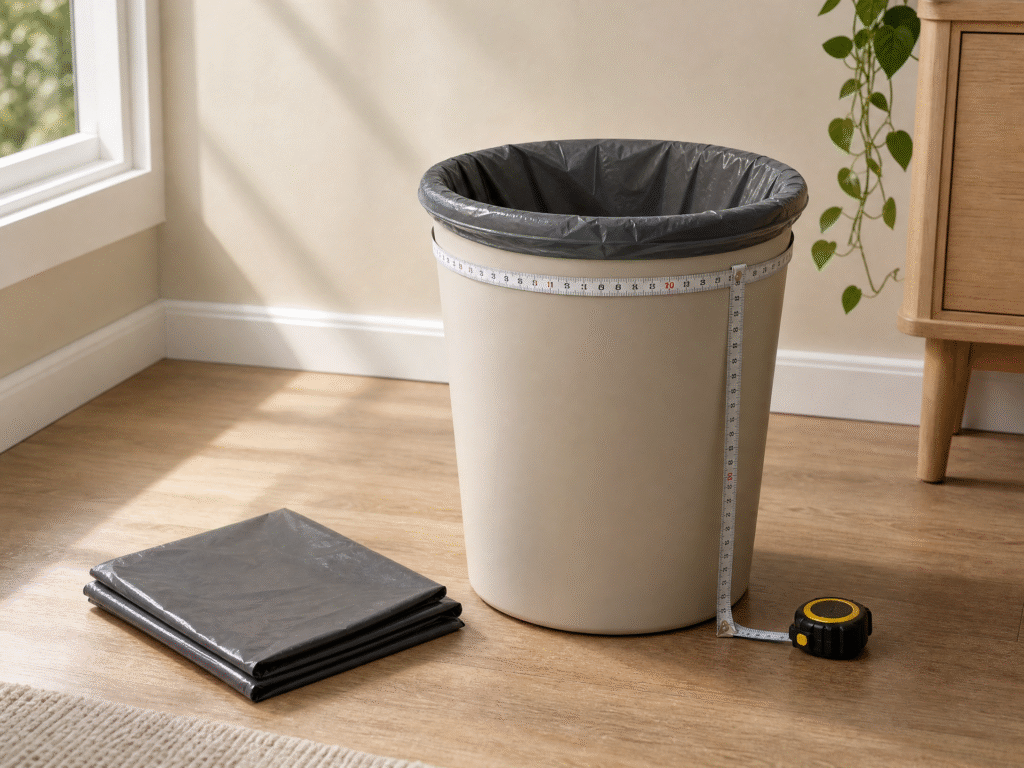 A round waste bin with a liner fitted over the rim while a measuring tape shows the bin circumference and height.