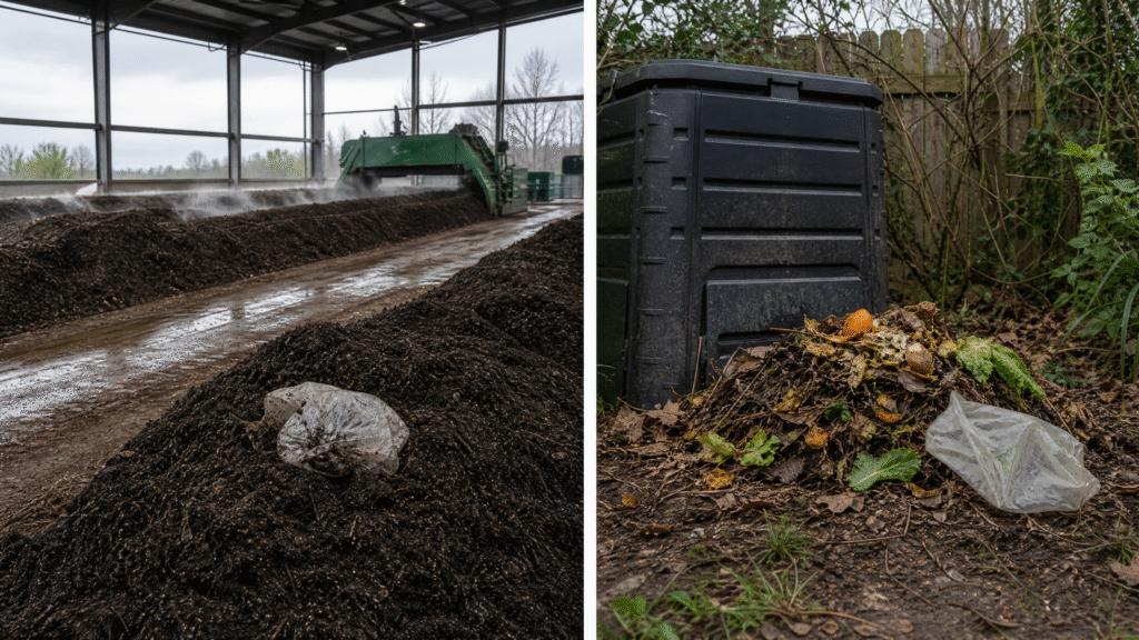 What Are Compostable Trash Bags Made Of? Comparison of an industrial composting facility and a backyard home compost bin