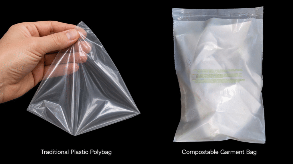 Compostable Garment Bags: The Sustainable Alternative to Plastic Polybags for Fashion Brands (2026 Guide) 2 Side-by-side comparison of traditional plastic polybag and compostable polybags bag for fashion packaging