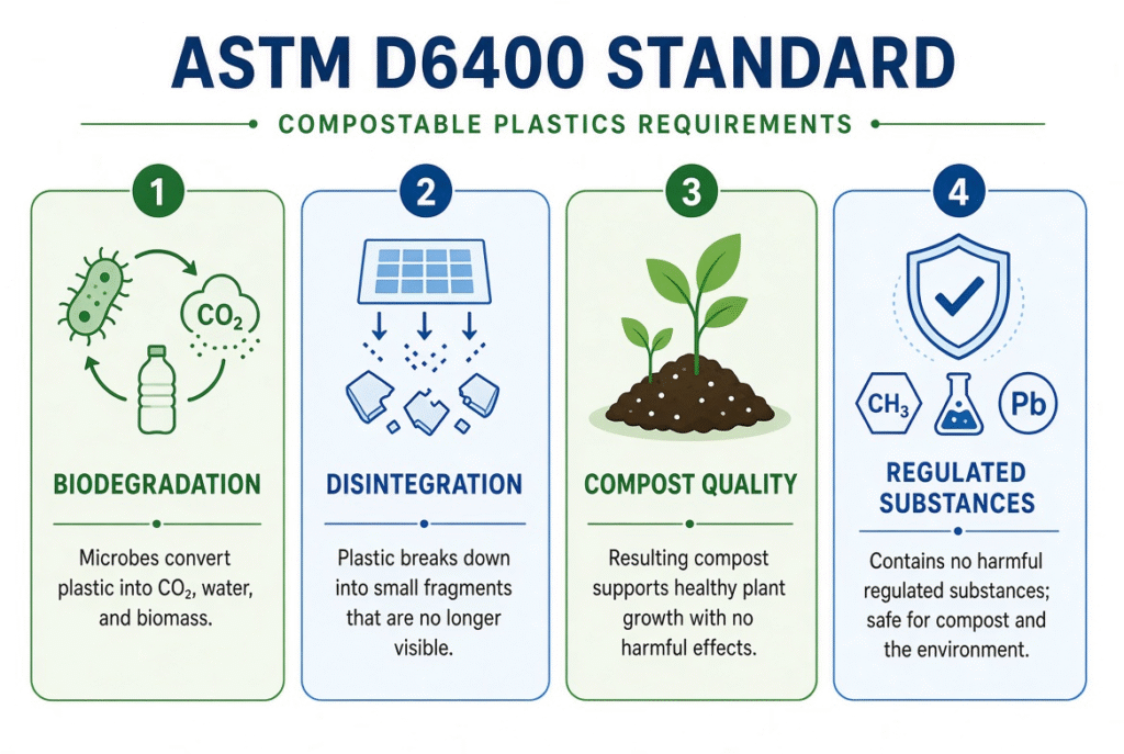 ASTM D6400: Compostable Plastics Standard Explained (2026 Guide) 1 ASTM D6400 compostable plastics requirements diagram showing biodegradation, disintegration, compost quality and regulated substances
