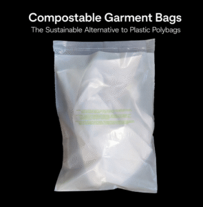 Compostable garment bags made from PBAT+PLA material, certified compostable packaging for fashion brands and apparel manufacturers.