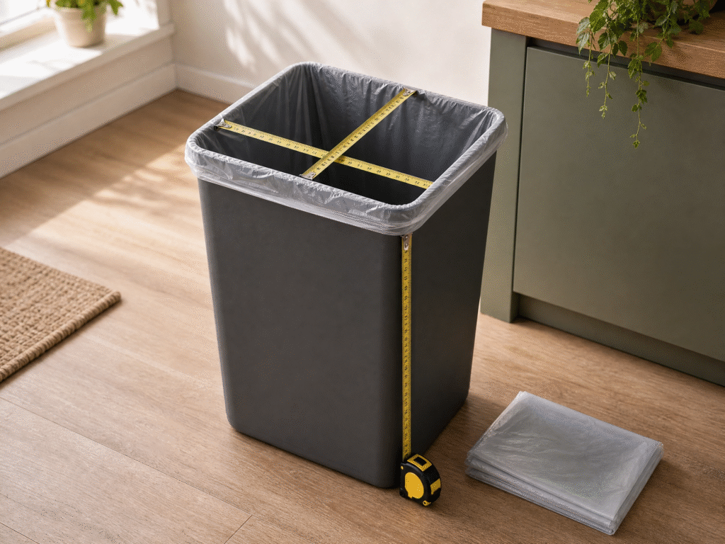 A rectangular kitchen waste bin being measured across its opening and height to determine the correct bin liner size.