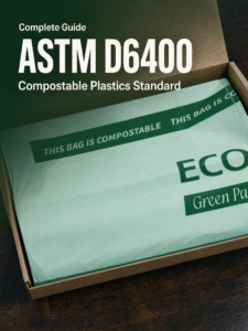 ASTM D6400 compostable plastics standard guide featuring a compostable bag sample