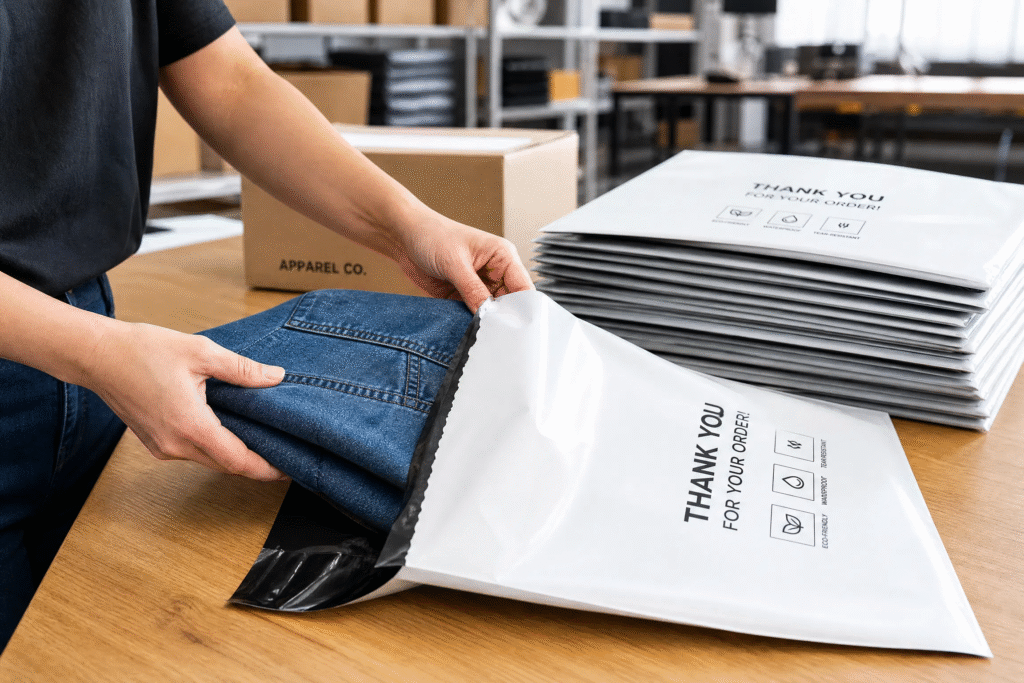 Professional packing station showing white poly mailers being used to ship denim jeans for apparel e-commerce