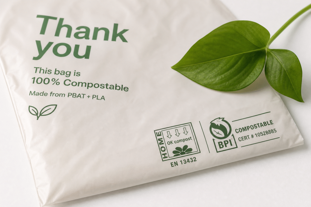Certified compostable thank you bags made from PBAT and PLA with official EN 13432 and BPI certification logos