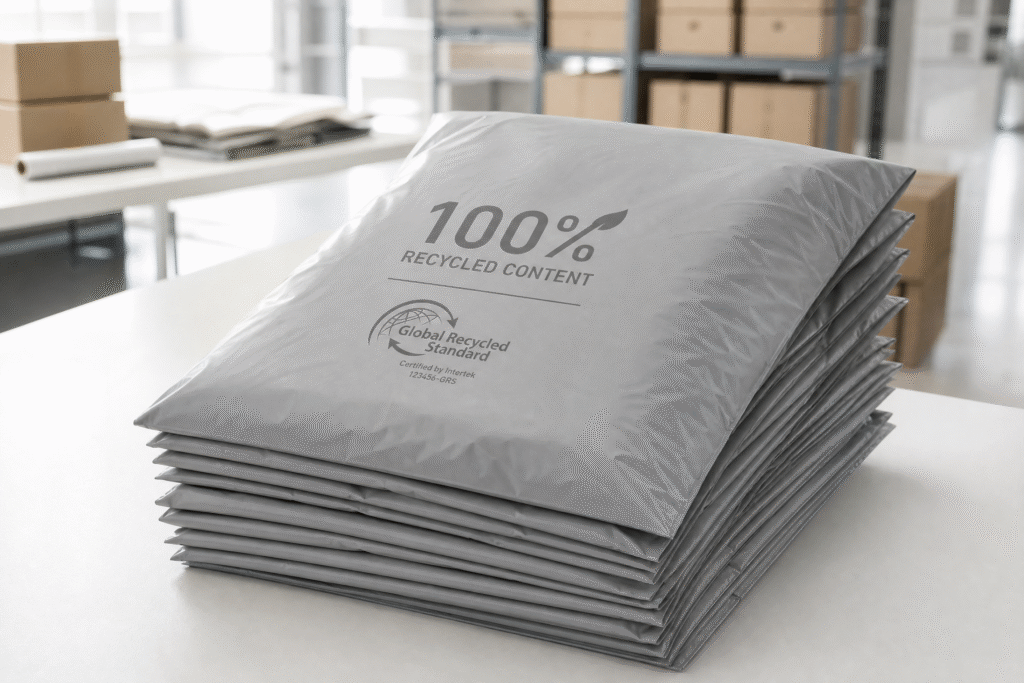 Stack of grey recycled poly mailers made from 100 percent recycled content with GRS certification logo