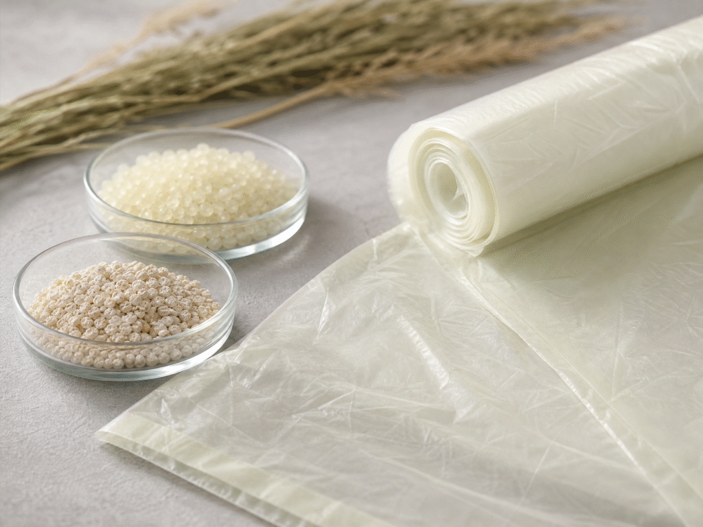 What Are Compostable Trash Bags Made Of? Compostable bag film, polymer resin pellets, starch-based granules, and plant fibers